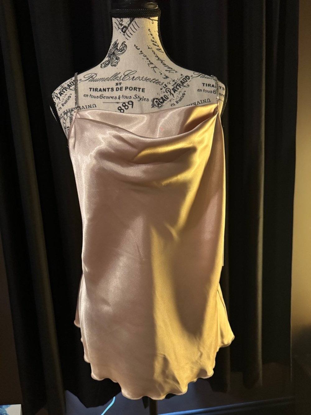 Nicole Miller champagne Satin cow neck cami with rhinestone straps